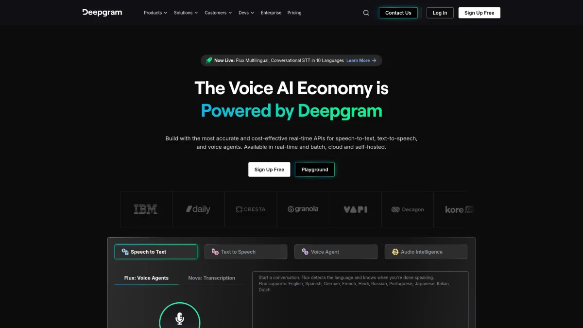 Deepgram landing page promoting real-time speech-to-text, text-to-speech, and voice agent AI APIs.