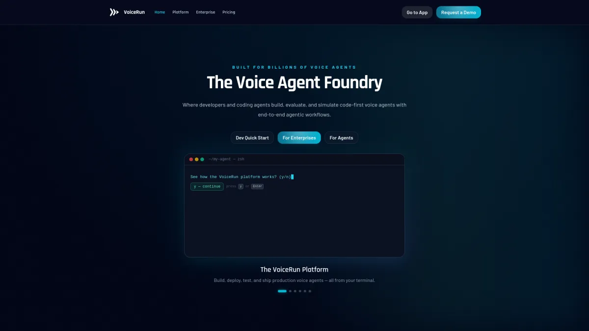 VoiceRun landing page featuring the Voice Agent Foundry heading and a terminal-style interface.
