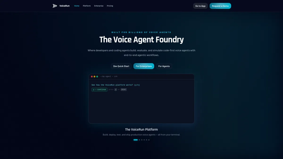 VoiceRun landing page featuring terminal interface for building and testing voice agent workflows.