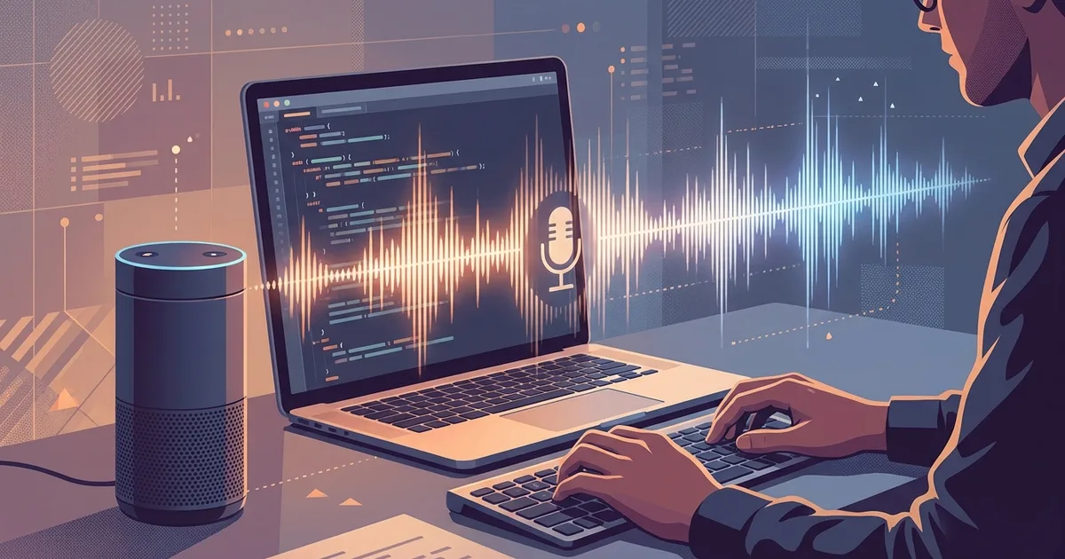 Illustration of a developer voice agent stack with audio waveforms, code, and telephony connections