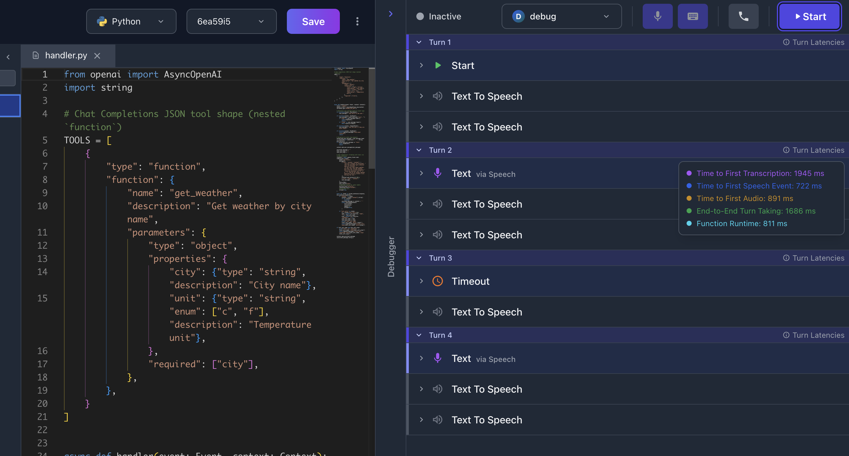 Agent Debugger — Turn Latencies tooltip