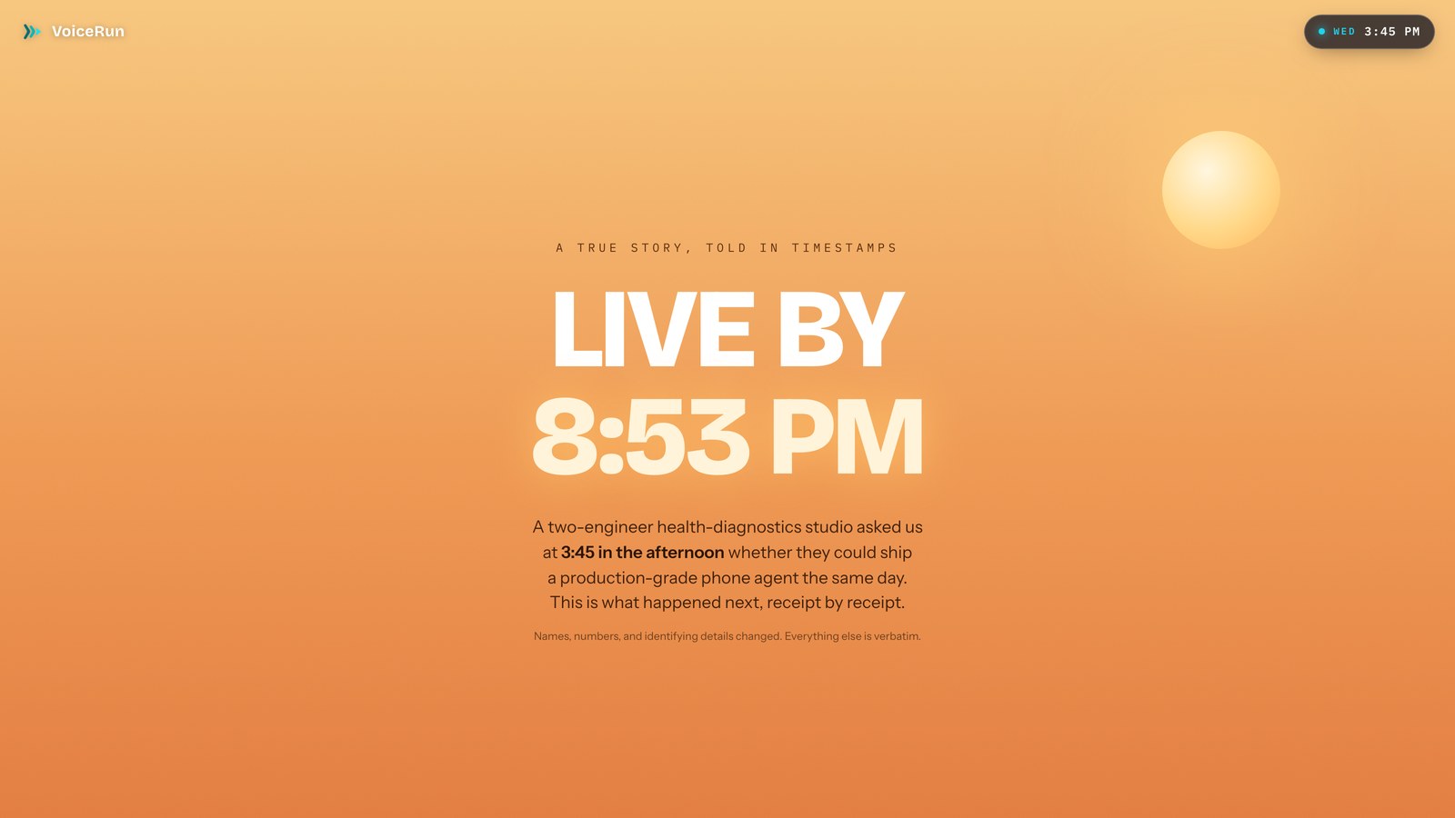 Live by 8:53 PM — the story hero over a golden sunset sky, with the story clock reading Wednesday 3:45 PM