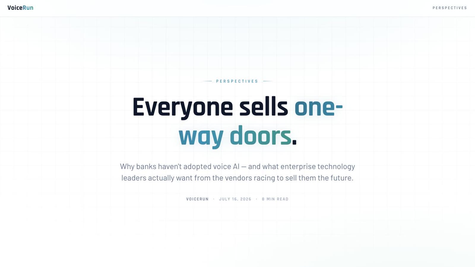 Everyone Sells One-Way Doors — the essay hero with its cyan-to-teal gradient headline
